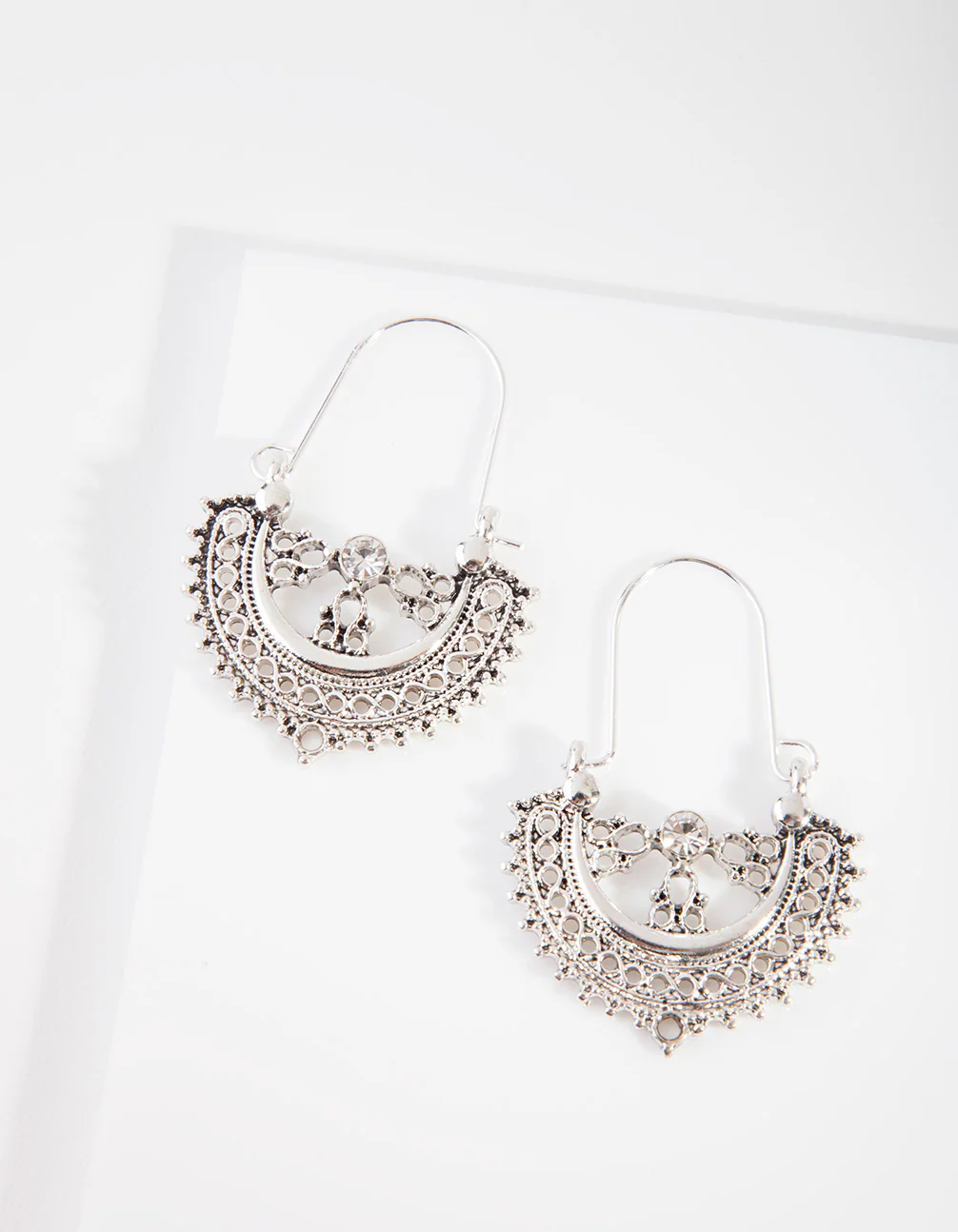 Antique Silver Etched Drop Hoop Earrings