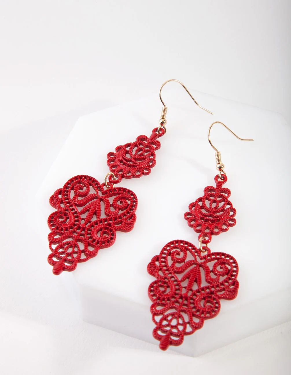 Red Filigree Leaf Earrings - Image 4