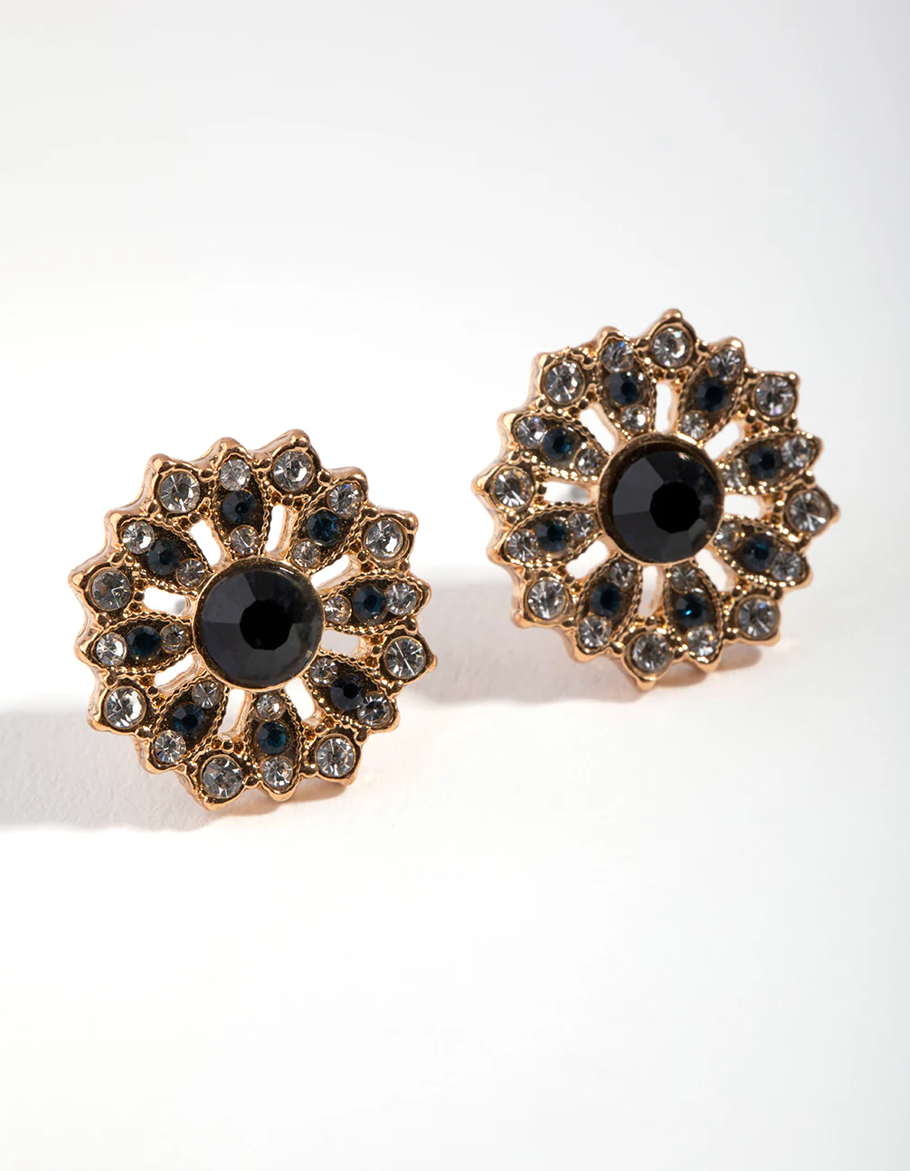 Gold Diamante Round Flower Stud Earrings - Image 2