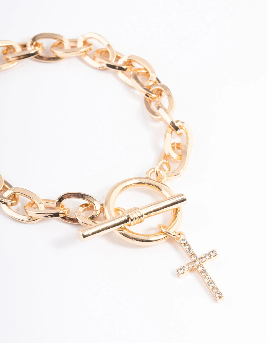 Gold Open Circle & Bar Cross Bracelet - Image 2