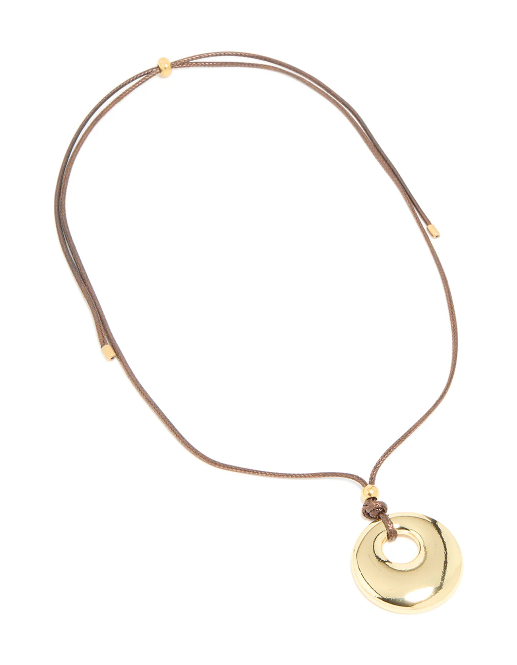 Waterproof Gold Plated Stainless Steel Circle Pendant Brown Cord Necklace - Image 4