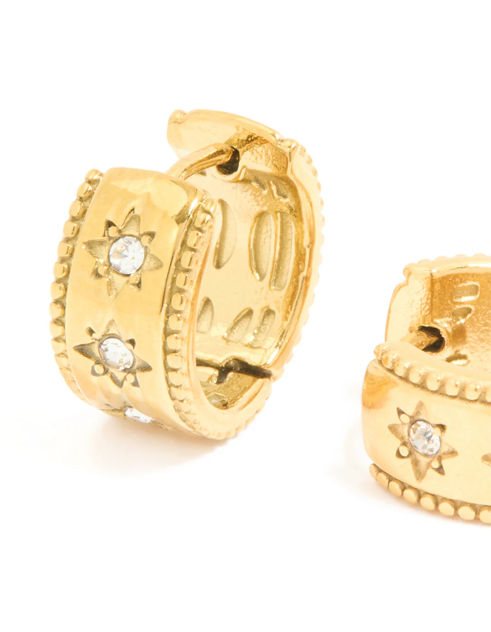 Waterproof Gold Plated Stainless Steel Cubic Zirconia Celestial Etched Hoop Earrings - Image 4