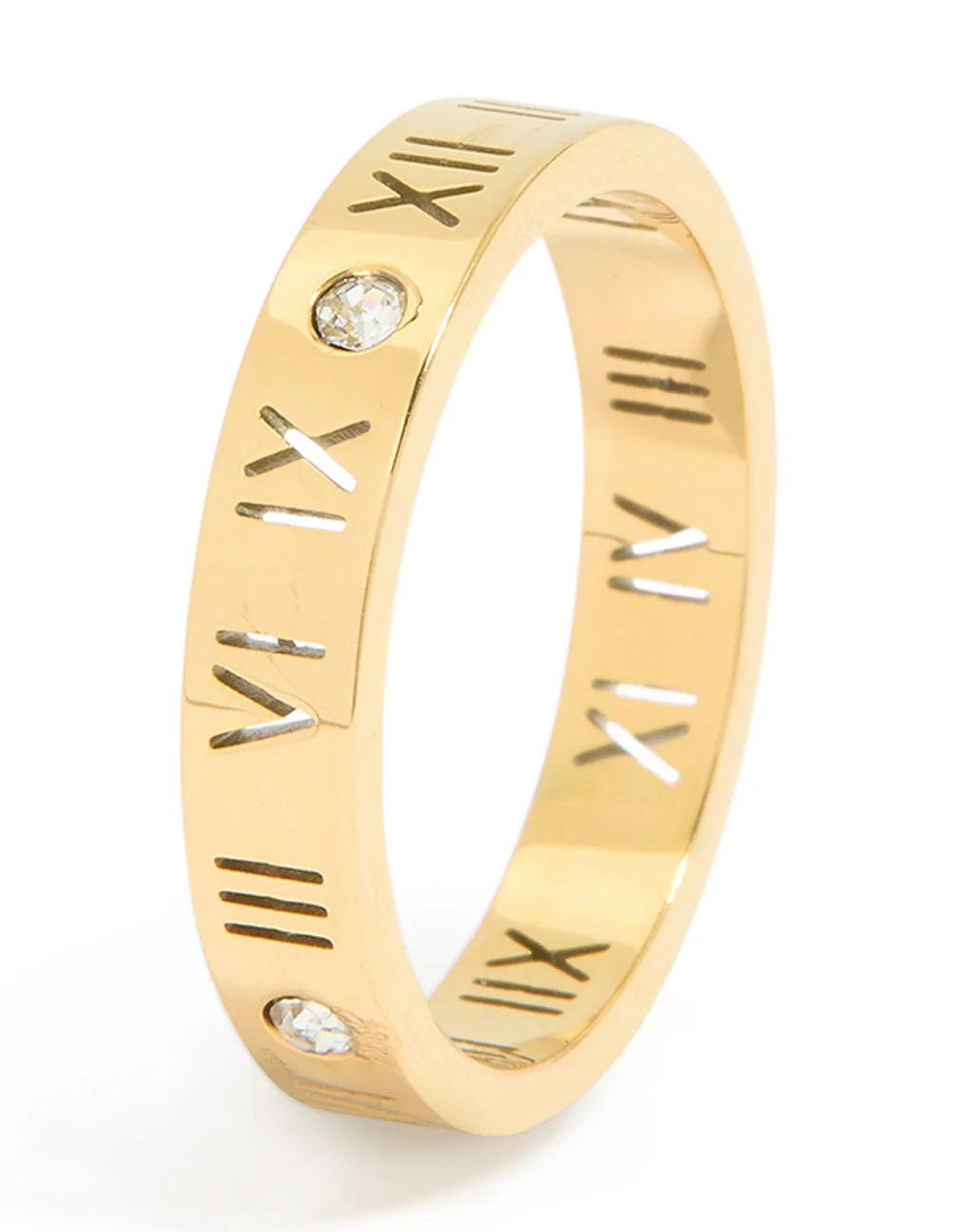 Waterproof Gold Plated Stainless Steel Cubic Zirconia Roman Numeral Band Ring - Image 2