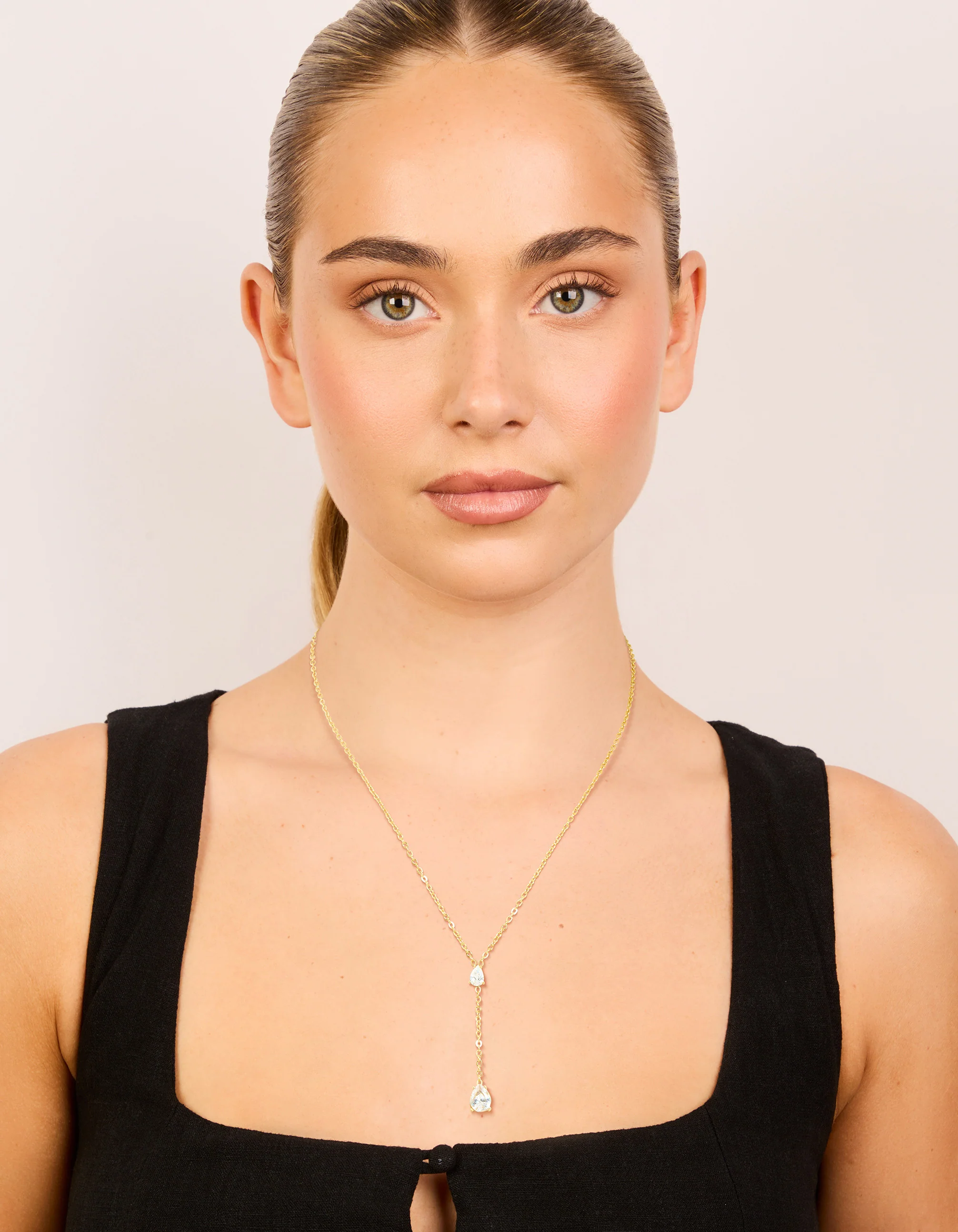 Waterproof Gold Plated Stainless Steel Cubic Zirconia Teardrop Y-Necklace - Image 3