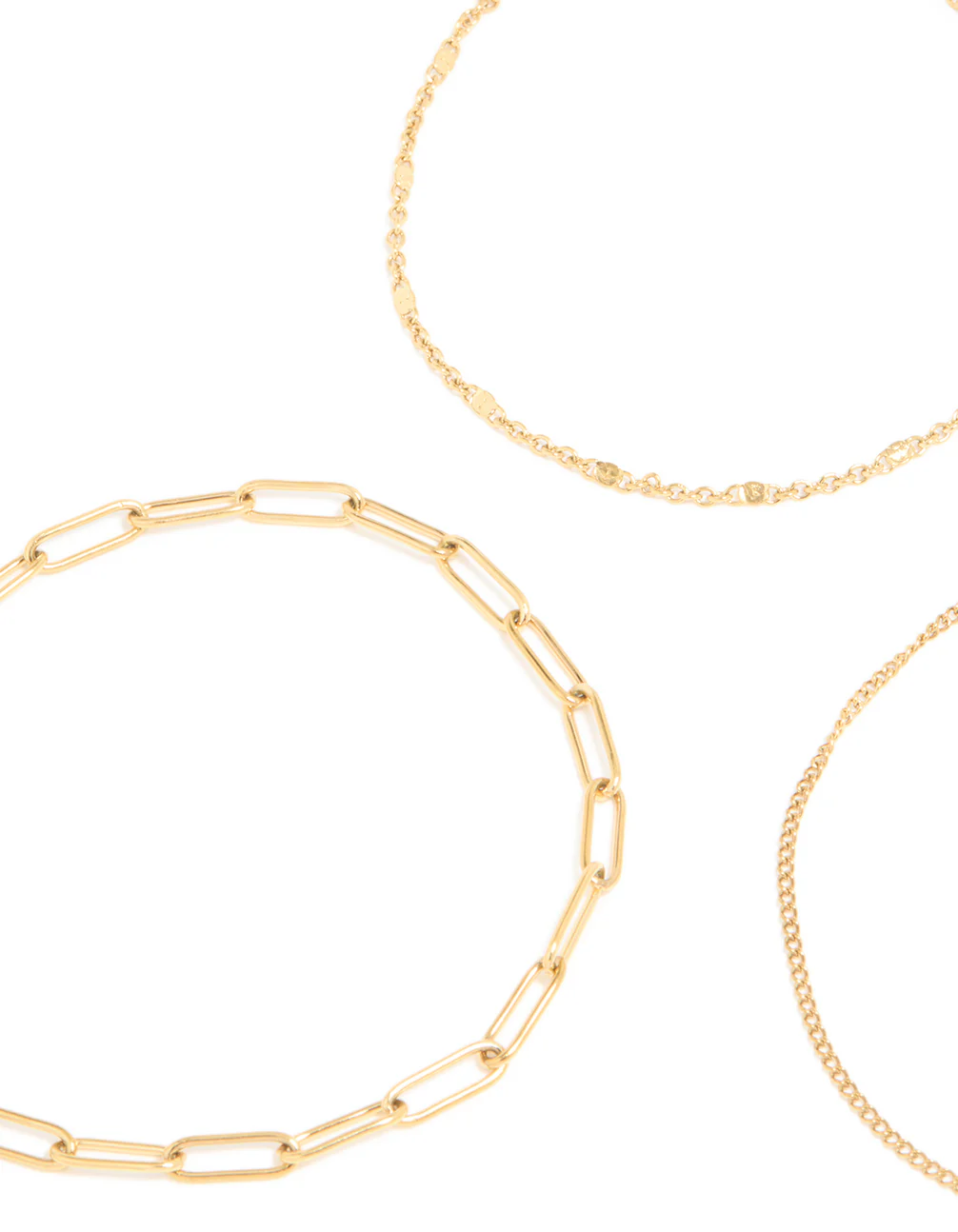 Waterproof Gold Plated Stainless Steel Mixed Chain Bracelets 3-Pack - Image 2