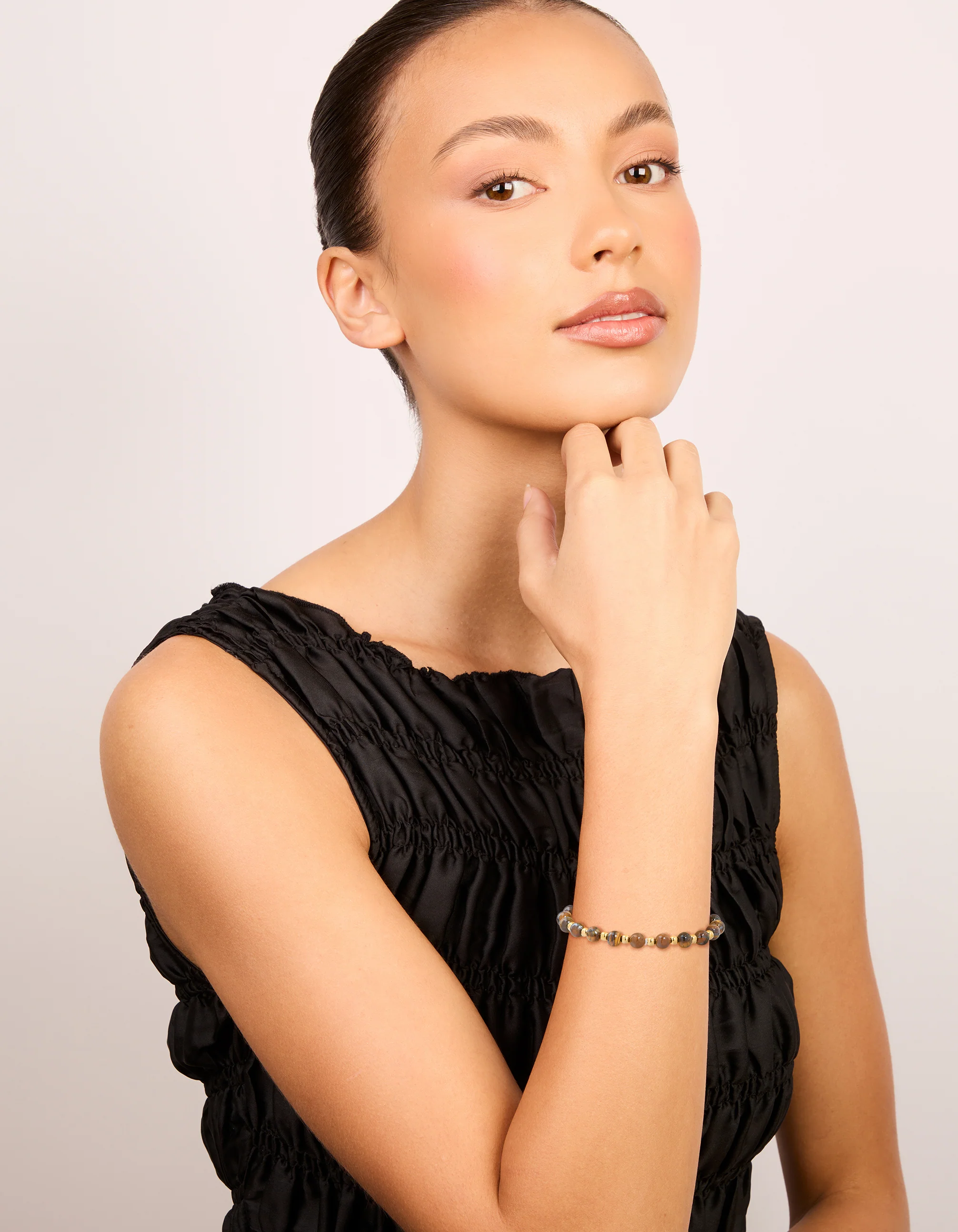 Waterproof Gold Plated Stainless Steel Tiger's Eye Semi Precious Stone Beaded Stretch Bracelet - Image 3