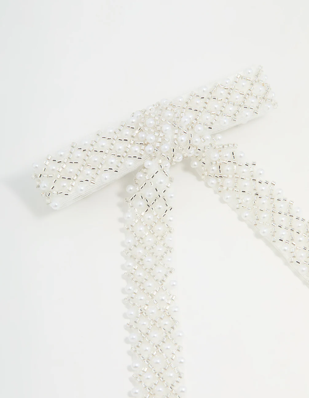 White Fabric Beaded Bow Clip - Image 2