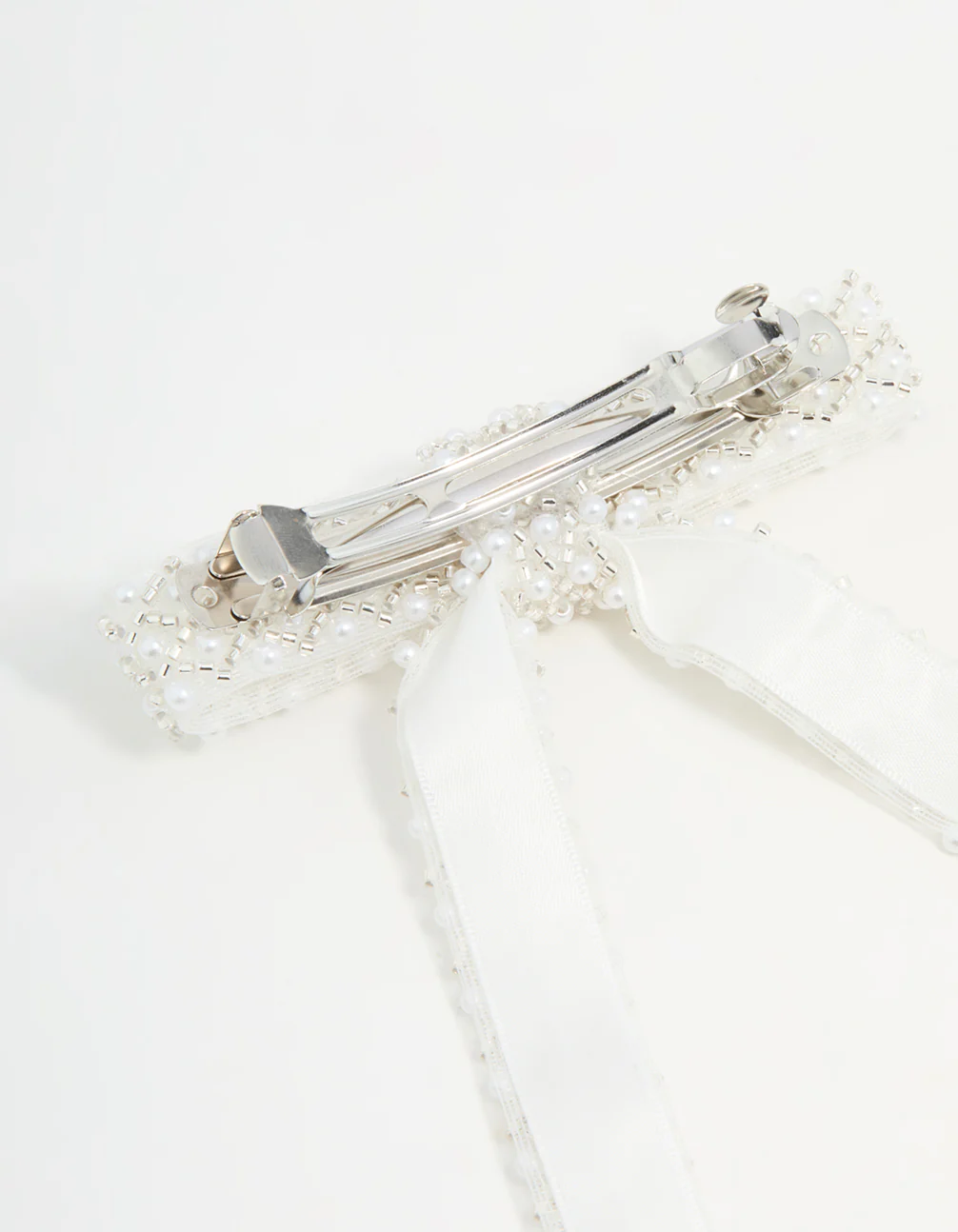 White Fabric Beaded Bow Clip - Image 3
