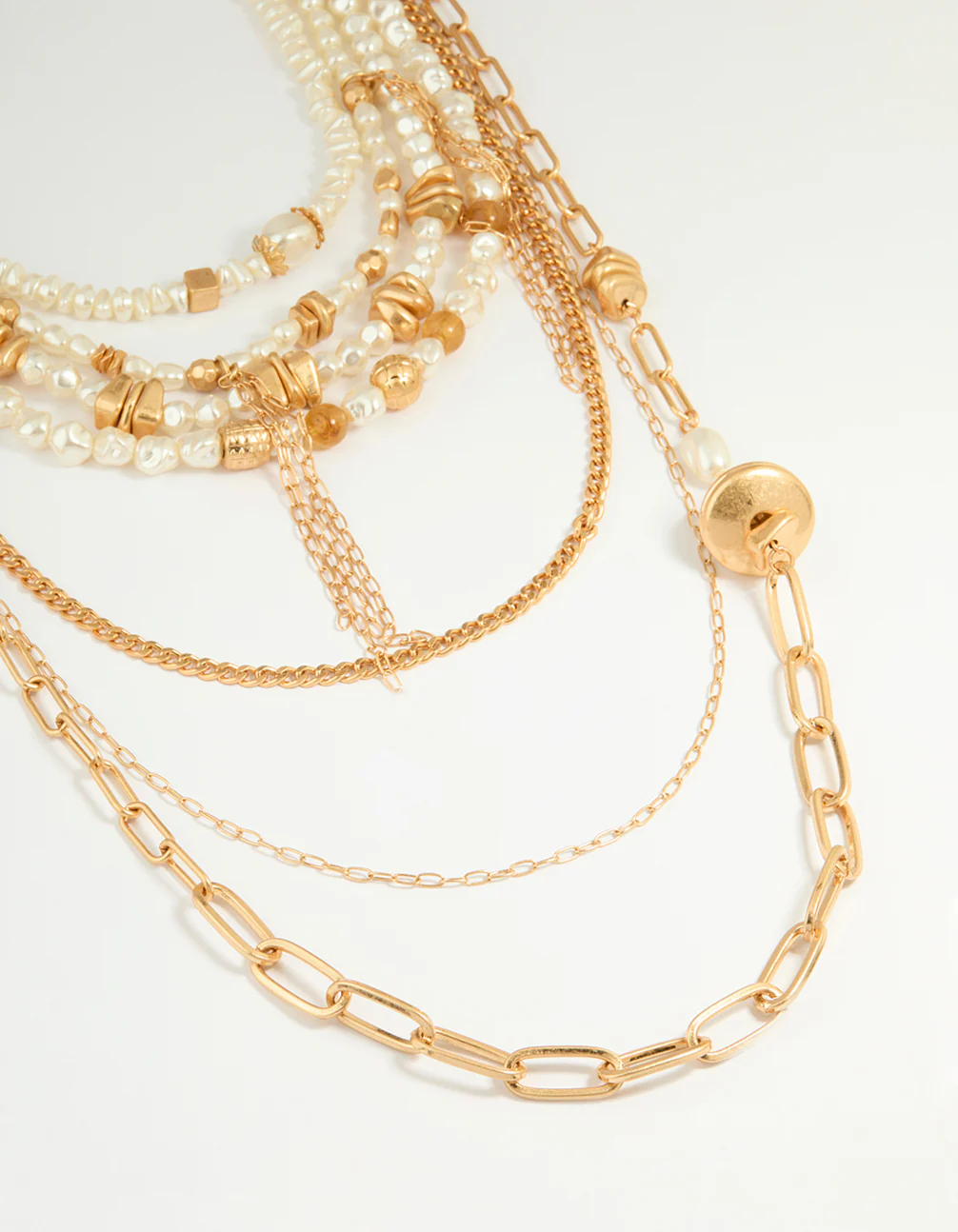 Worn Gold Pearl Layered Chain Necklace - Image 2