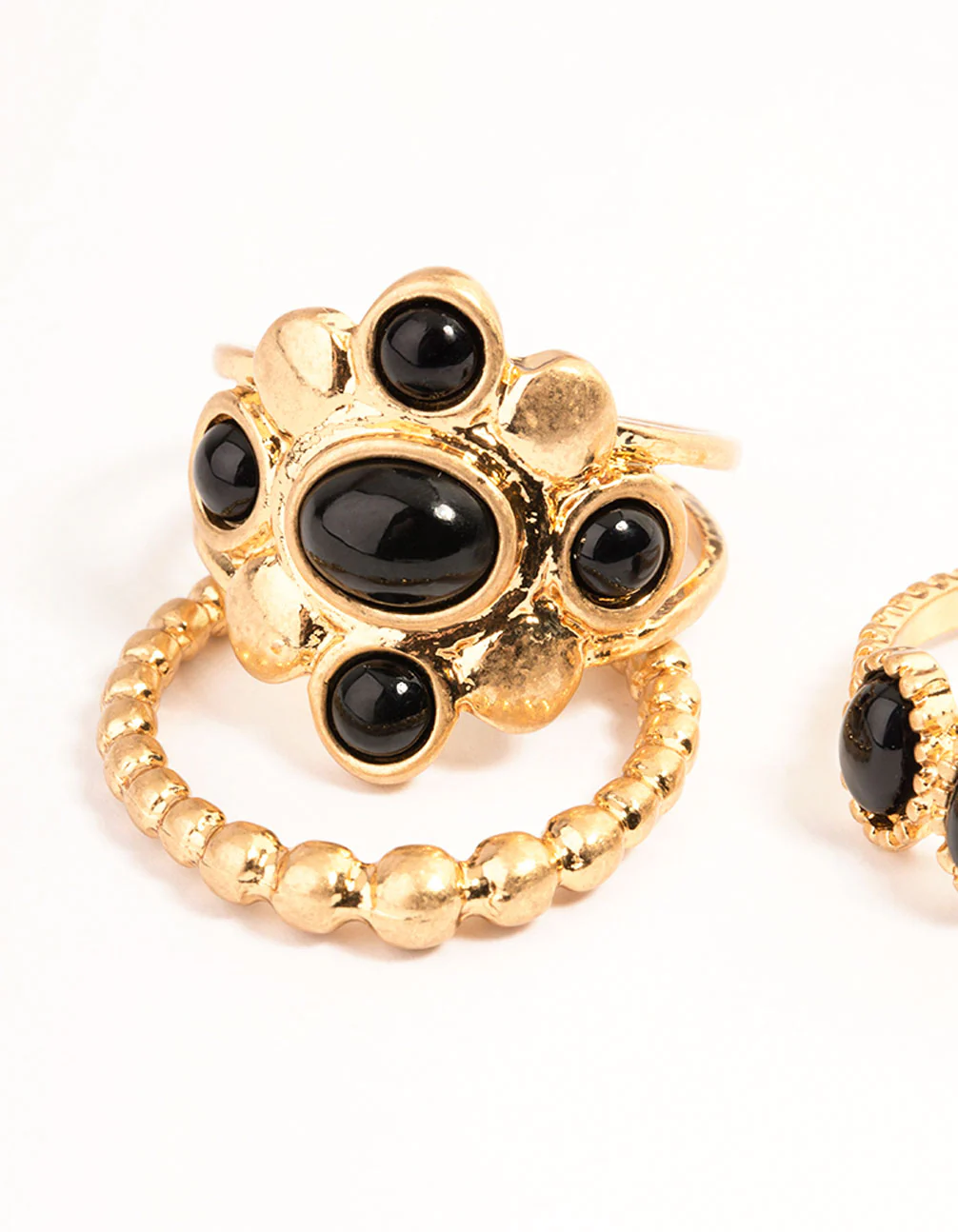 Gold Jet Black Beaded Ring Set - Image 2