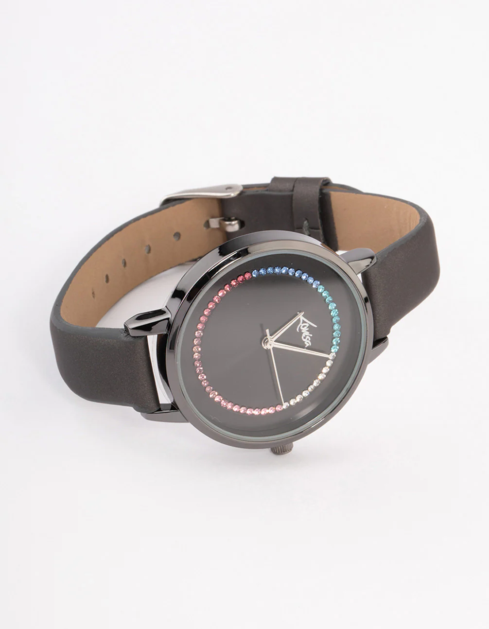 Coated Black Rainbow Crystal Faux Leather Watch - Image 3