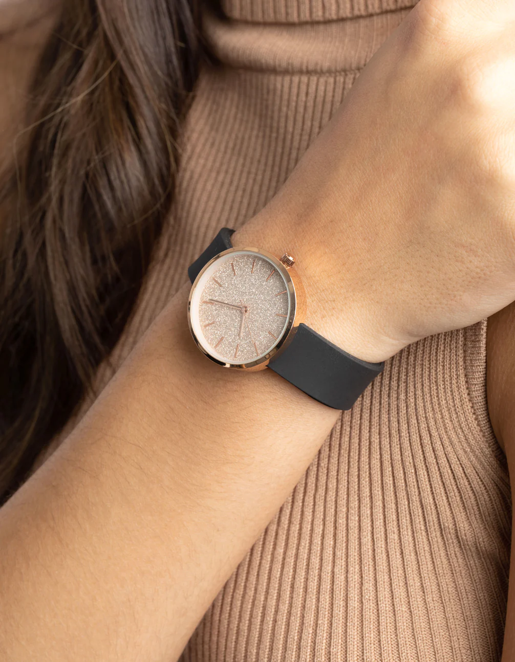 Rose Gold Sparkle Silicon Strap Watch - Image 2