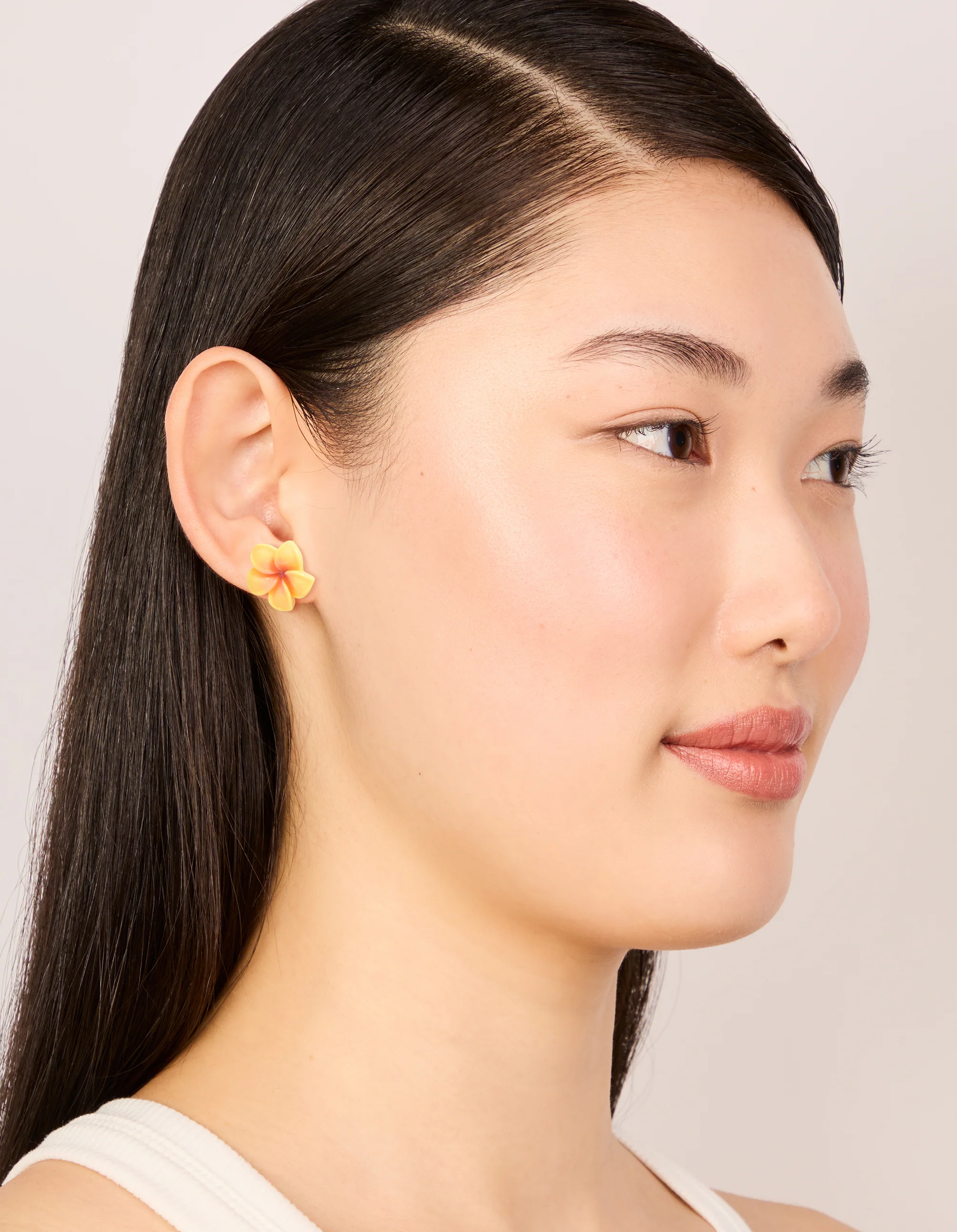 Yellow Acrylic Frangipani Flower Stud Earrings - Image 2