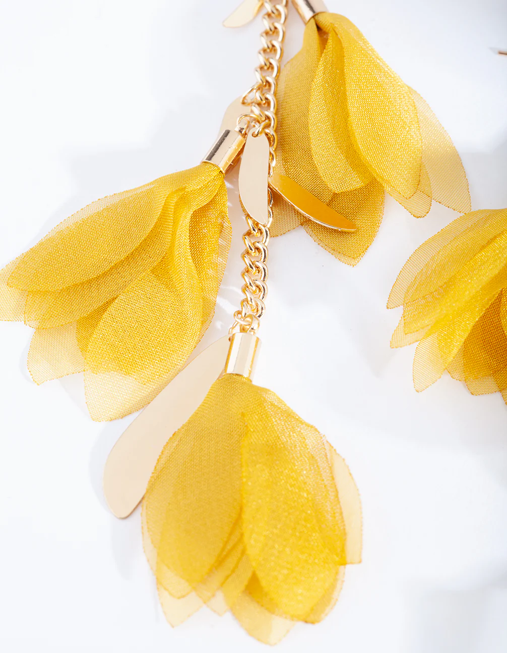 Yellow Fabric Flowers Gold Earrings - Image 3